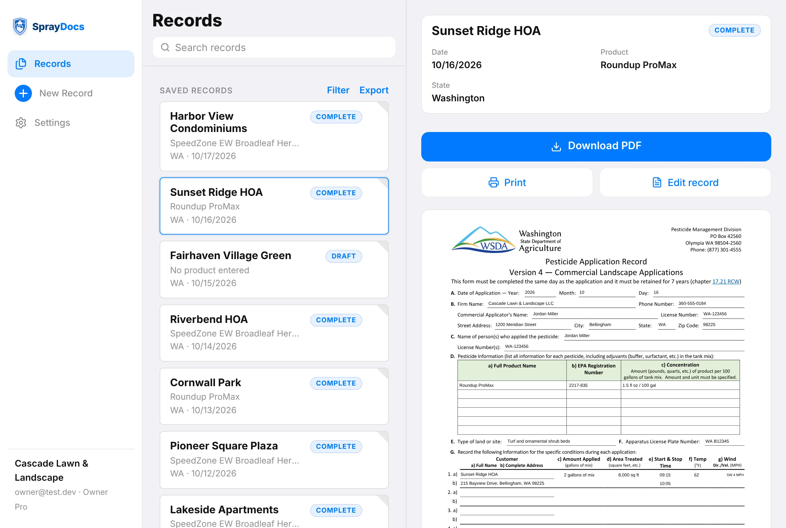 Company records on a laptop: the list of records beside one open record with its finished form