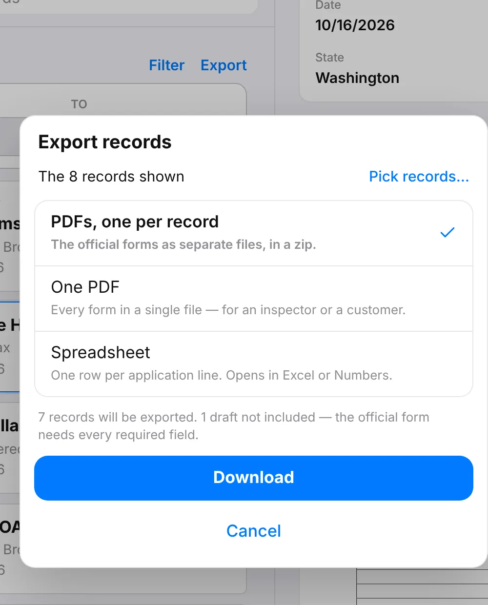 The Export records dialog