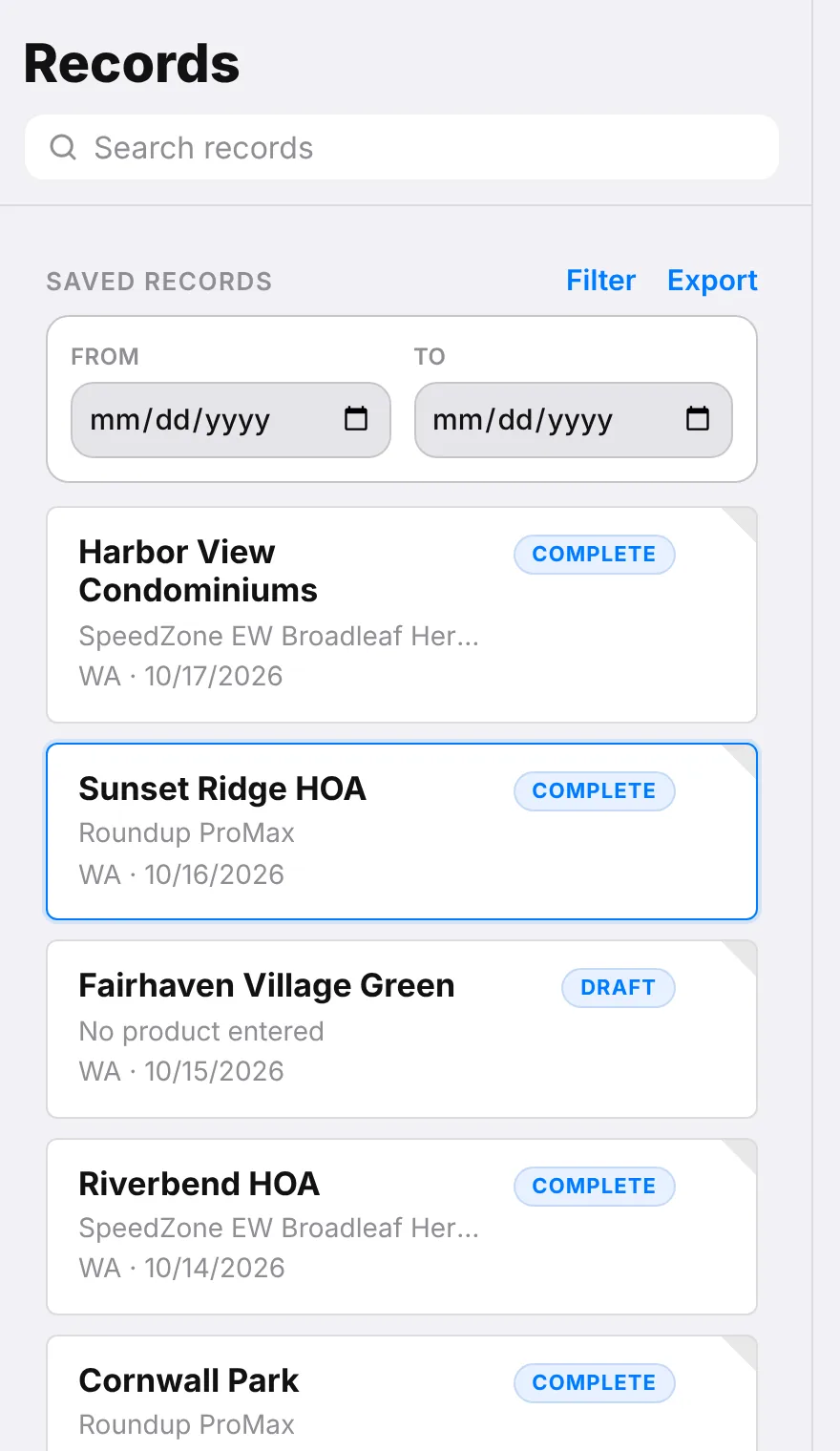 The Records list with search and a date filter