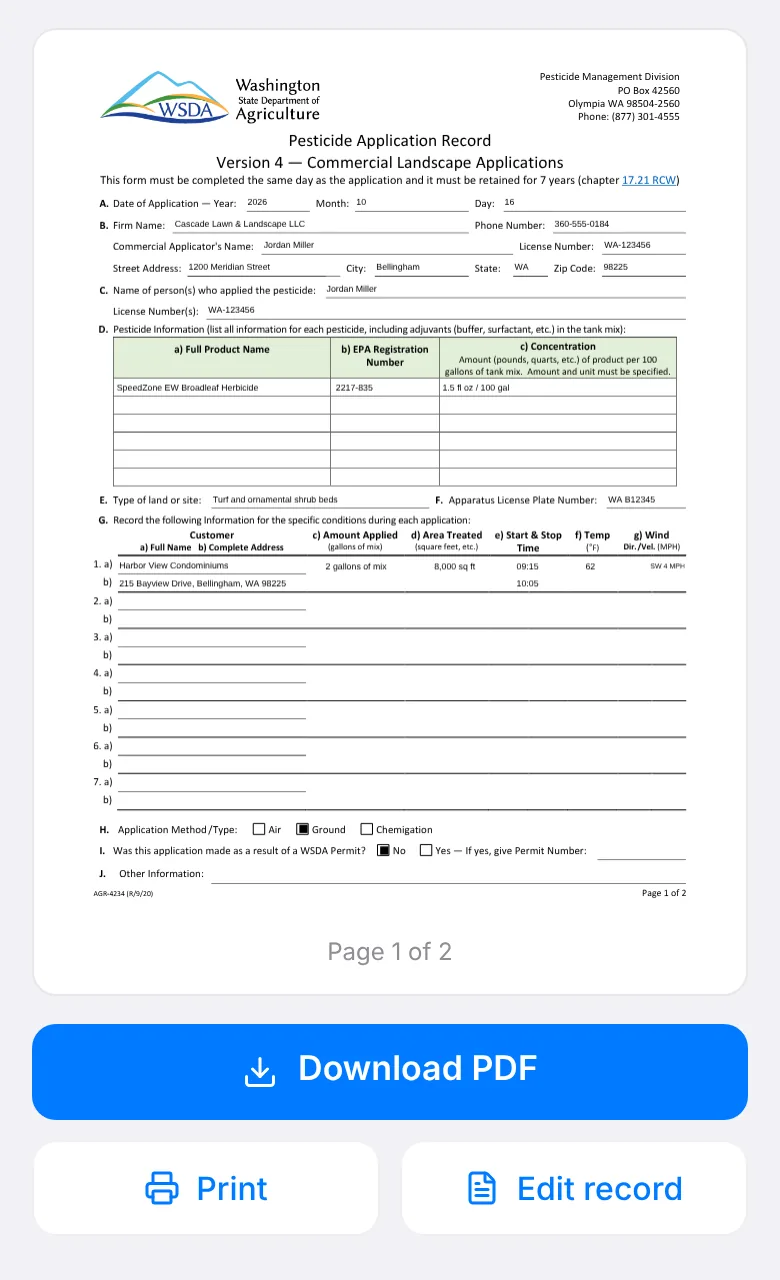 The record review screen with the finished form and a Download PDF button