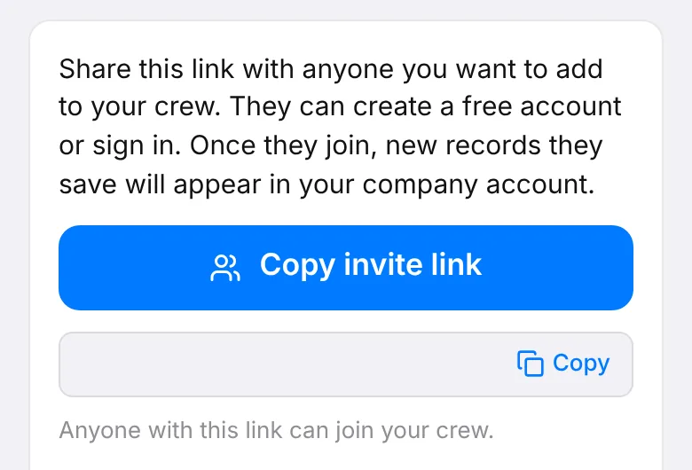 The Crew screen: Copy invite link